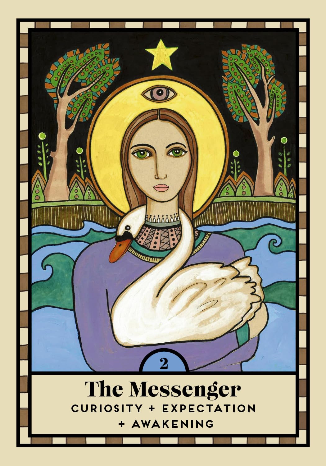 A stylized tarot card illustration titled 'The Messenger' with the subtitle 'Curiosity + Expectation + Awakening.' The card shows a woman with a gold halo and an eye on her forehead, holding a white swan, with trees, blue water, and a black sky in the background.