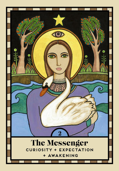A stylized tarot card illustration titled 'The Messenger' with the subtitle 'Curiosity + Expectation + Awakening.' The card shows a woman with a gold halo and an eye on her forehead, holding a white swan, with trees, blue water, and a black sky in the background.