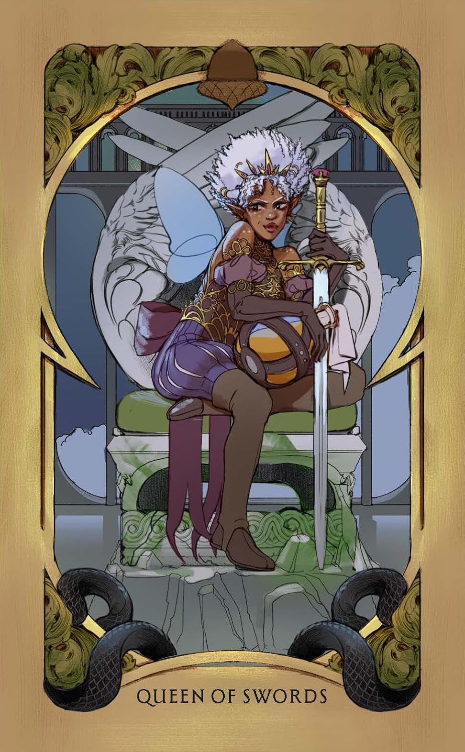 Holly Black's Faerie Tarot official deluxe gold-foiled tarot deck inspired by the World of Elfhame featuring fantasy artwork and a companion guidebook. Queen of Swords