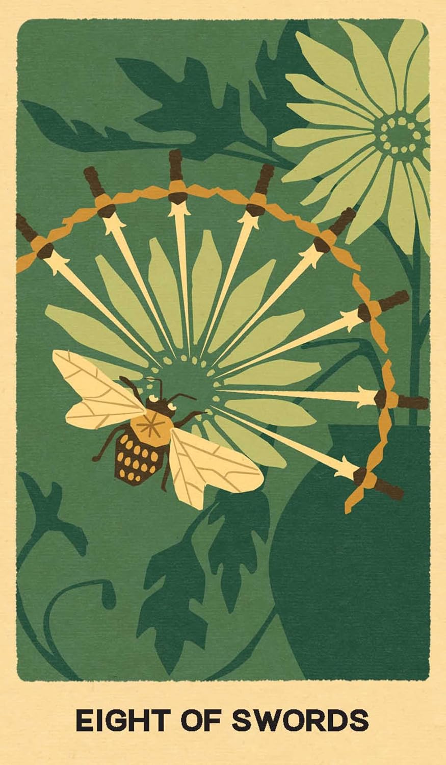 Eight of swords Wild Earth Tarot by Coni Curi featuring botanical illustrations, vintage-inspired artwork, Tarot de Marseille symbolism, and nature-based imagery.