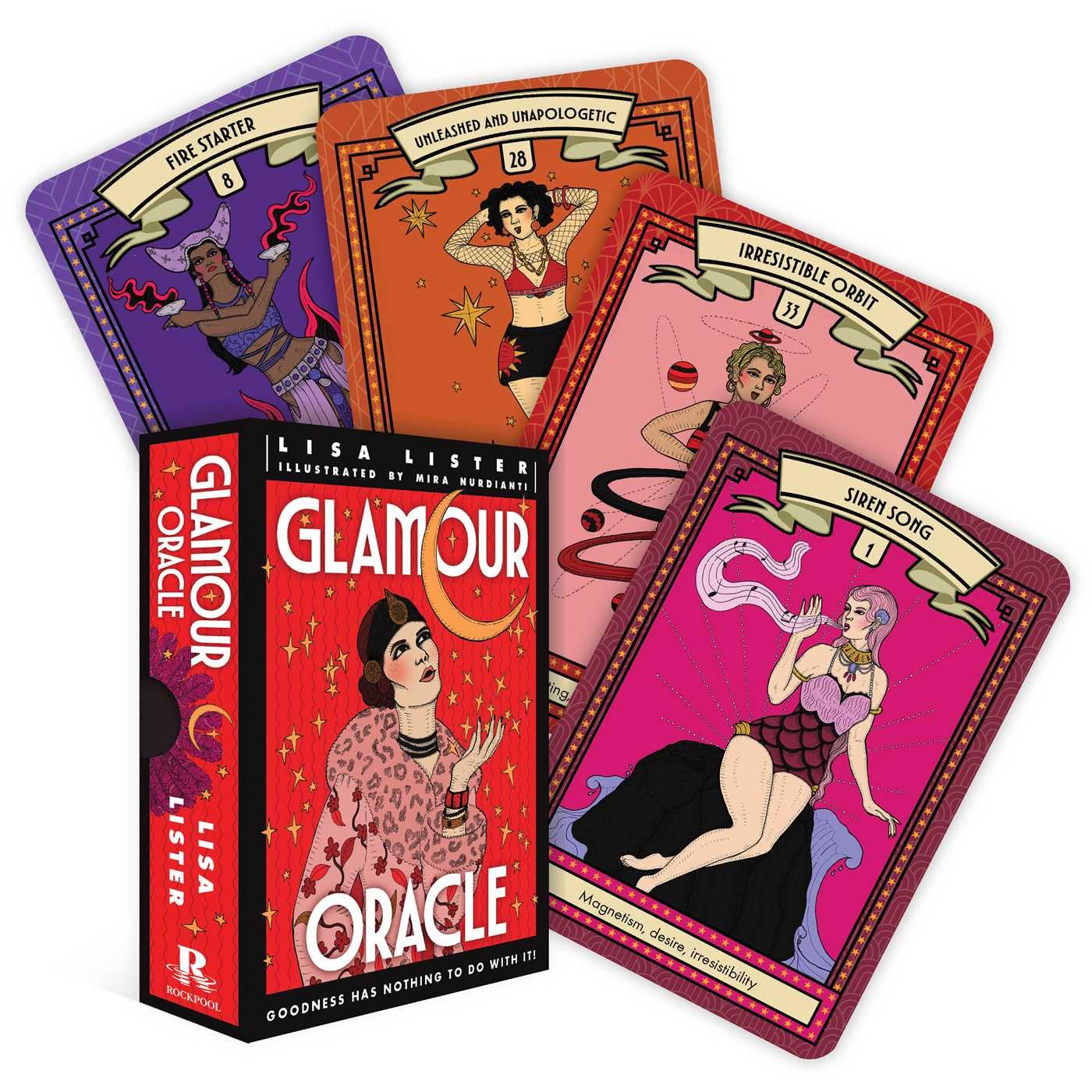 Glamour Oracle cards by Lisa Lister with colorful designs and text on a white background.
Glamour Oracle by Lisa Lister featuring a 36-card oracle deck inspired by vintage glamour, magical self-care rituals and modern witchcraft with a companion guidebook.