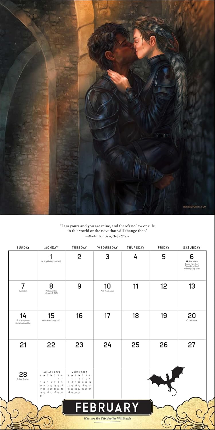 Calendar with a romantic illustration of two people embracing, set against a dark, textured background.
Official Fourth Wing 2027 Wall Calendar featuring artwork inspired by Rebecca Yarros' bestselling Empyrean fantasy series.