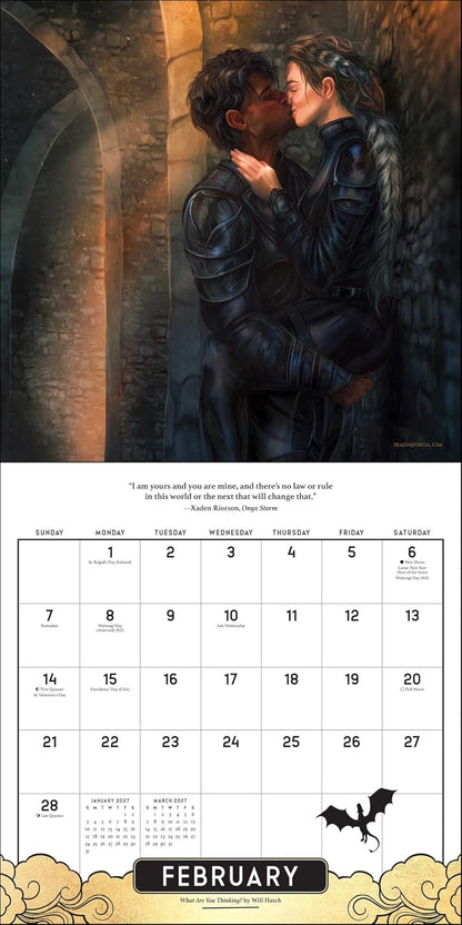 Calendar with a romantic illustration of two people embracing, set against a dark, textured background.
Official Fourth Wing 2027 Wall Calendar featuring artwork inspired by Rebecca Yarros' bestselling Empyrean fantasy series.
