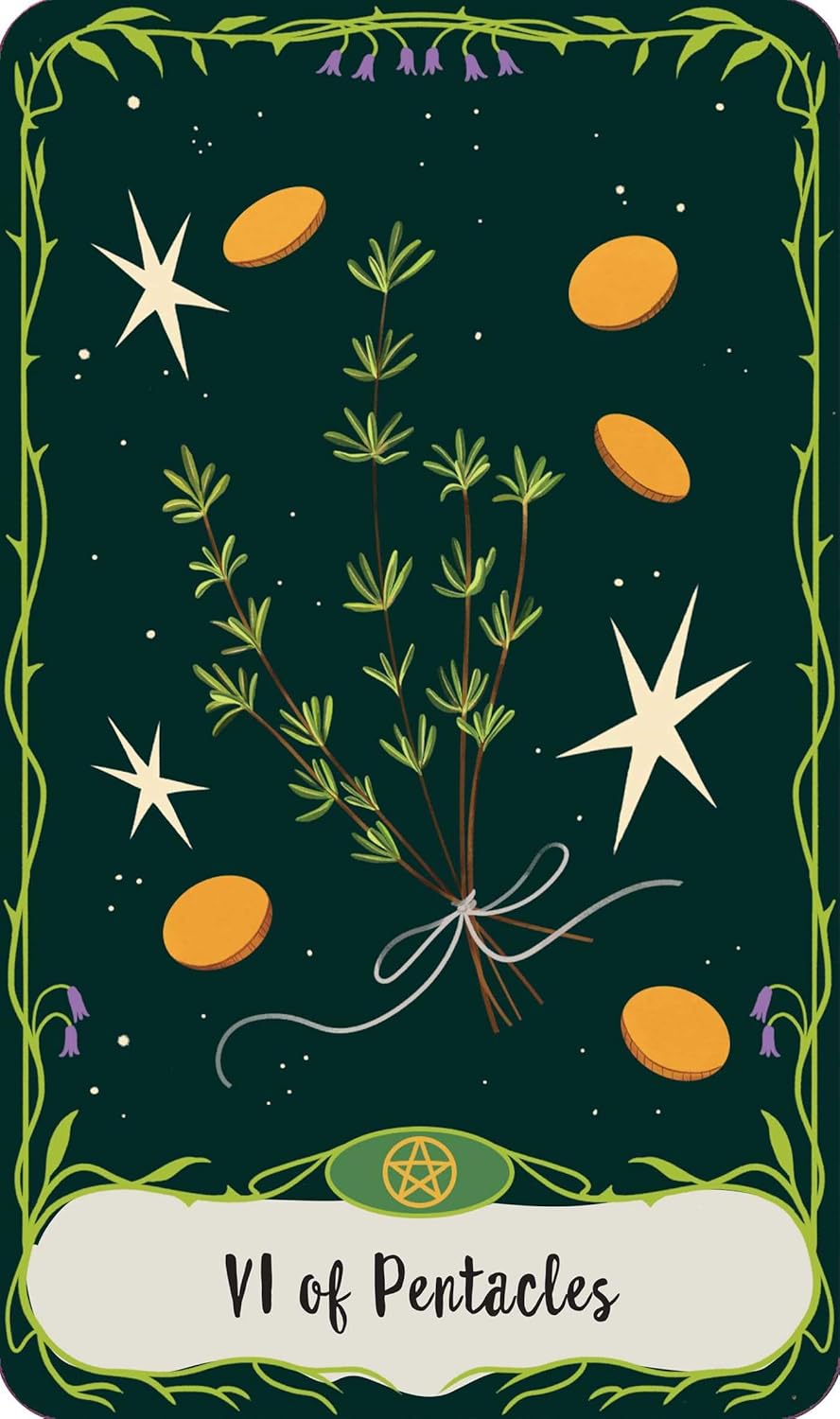 Card from a tarot deck with plants and pentacle symbols on a dark green background Practical Magic: The Motion Picture Official Tarot Deck ; Guidebook featuring beautifully illustrated tarot cards inspired by the Owens sisters and their magical world.
