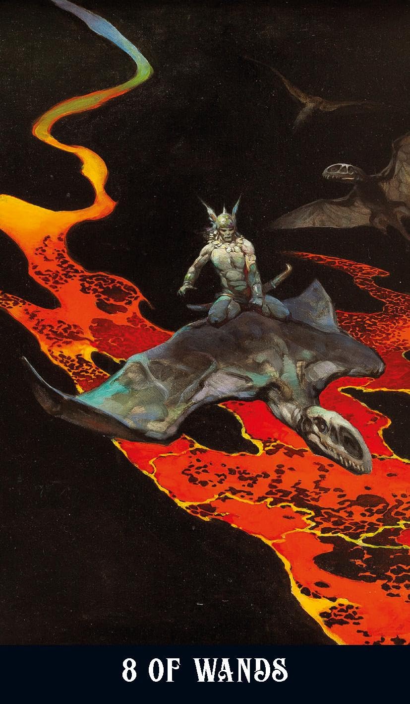 Tarot card illustration for '8 of Wands' showing a winged figure riding a gray creature across a dark landscape with bright orange and red lava-like streaks. The card has a black border at the bottom with white text reading '8 OF WANDS'. Frazetta Fantasy Tarot featuring authentic fantasy artwork by Frank Frazetta with heroic figures, mythical creatures, and classic sword and sorcery imagery.