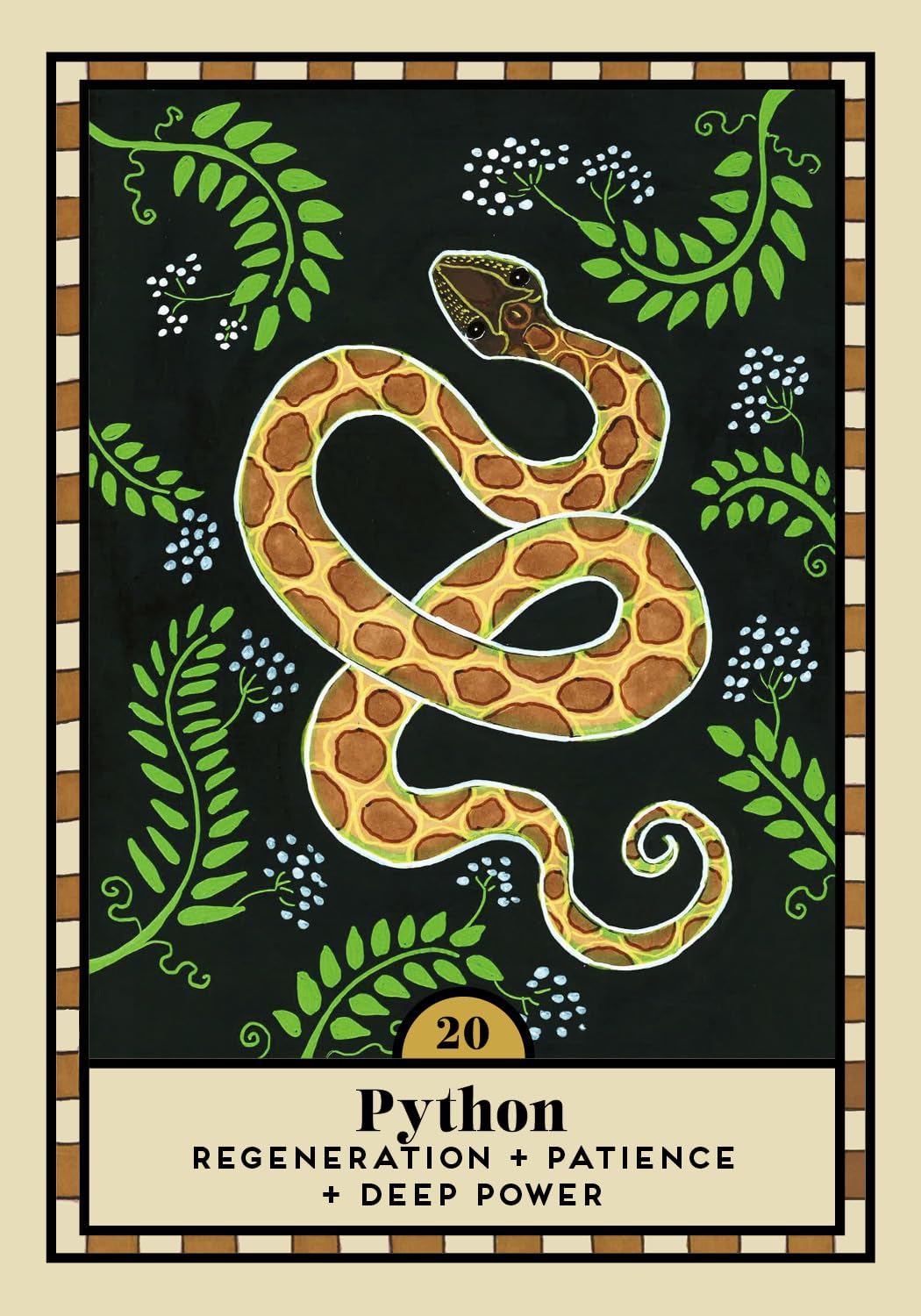 A square illustrated card or print featuring a coiled python on a black background with green leaves and small white flowers. The lower section has a beige panel with the text 'Python' and 'REGENERATION + PATIENCE + DEEP POWER'.