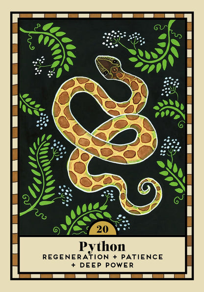 A square illustrated card or print featuring a coiled python on a black background with green leaves and small white flowers. The lower section has a beige panel with the text 'Python' and 'REGENERATION + PATIENCE + DEEP POWER'.