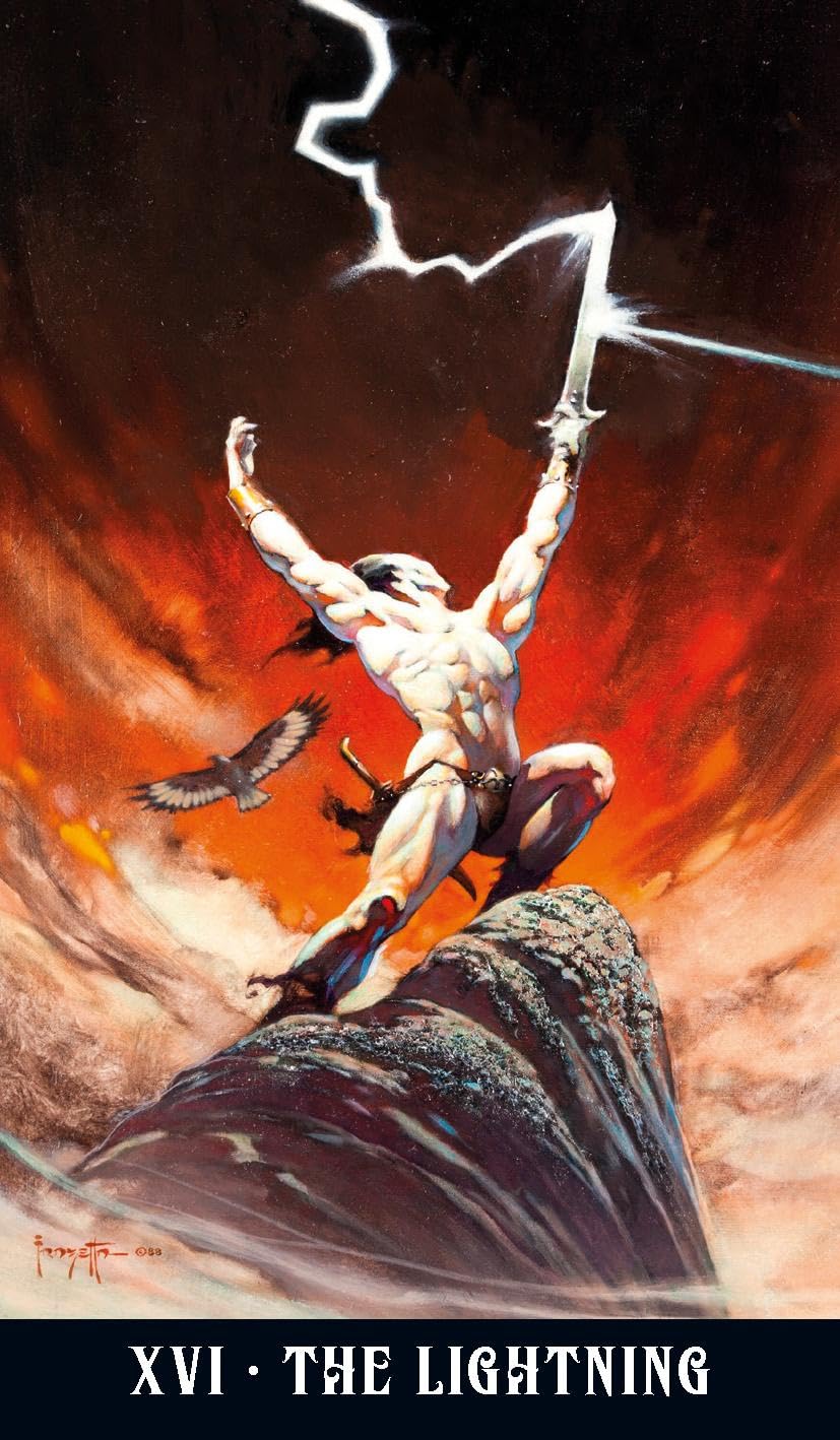 Fantasy artwork showing a muscular blond warrior crouching on a rocky cliff, raising a sword that strikes lightning in the sky. A bird flies nearby, and the scene is dominated by fiery orange and red clouds against a dark background. Frazetta Fantasy Tarot featuring authentic fantasy artwork by Frank Frazetta with heroic figures, mythical creatures, and classic sword and sorcery imagery.