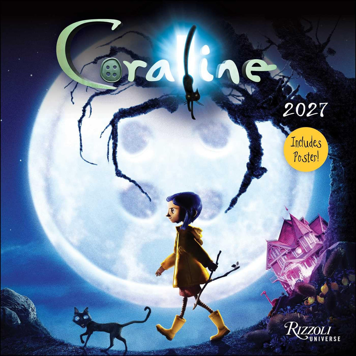 Coraline 2026 calendar cover with a girl in a yellow coat and a cat, against a moonlit background.