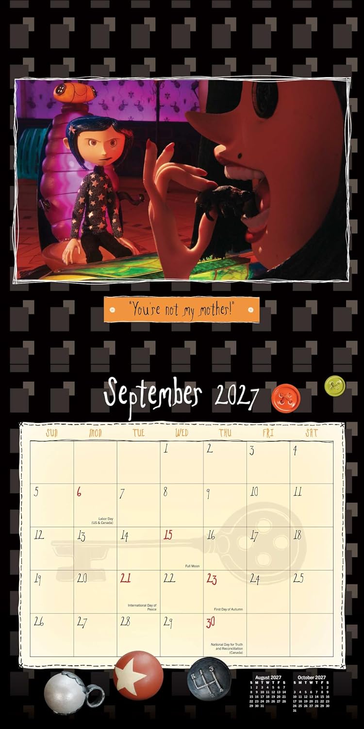 A September 2027 calendar page featuring a stylized collage of characters from the movie Corpse Bride, with a large portrait, a character in a dress, and the date grid below on a black patterned background.