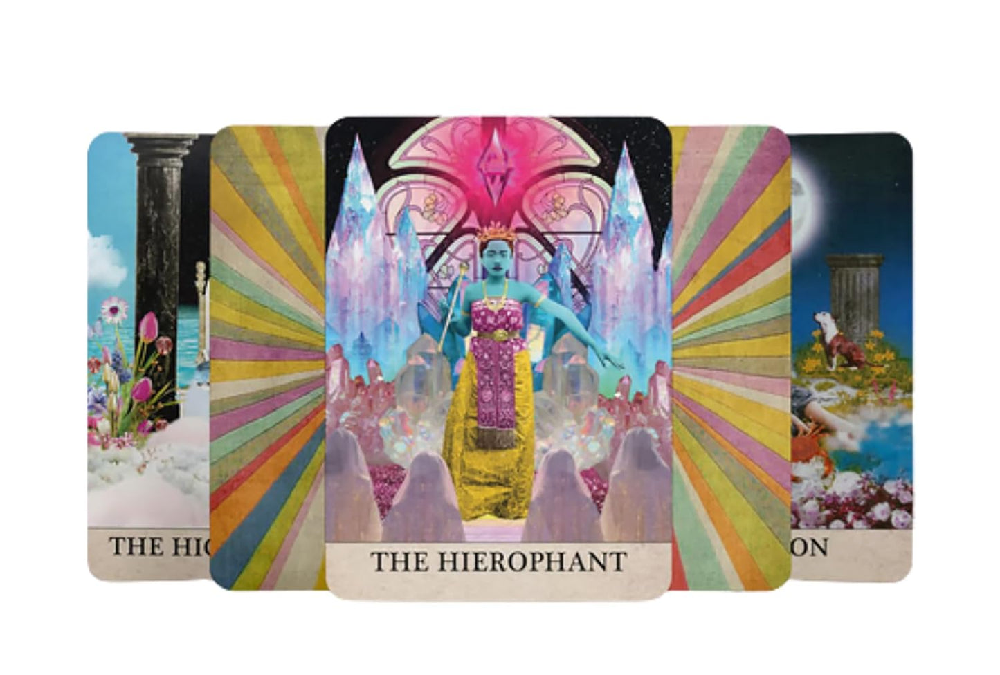 Moonjube Tarot Deck featuring surreal collage artwork, vibrant colours, astrological symbolism, and visionary Aquarian-inspired tarot imagery.