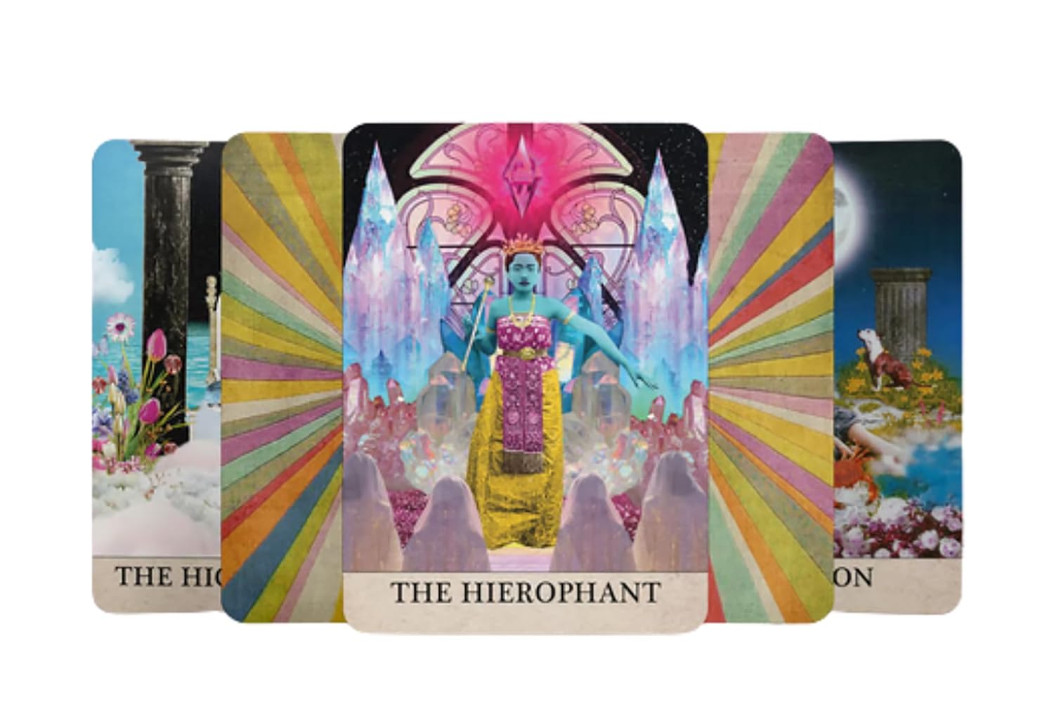 Moonjube Tarot Deck featuring surreal collage artwork, vibrant colours, astrological symbolism, and visionary Aquarian-inspired tarot imagery.