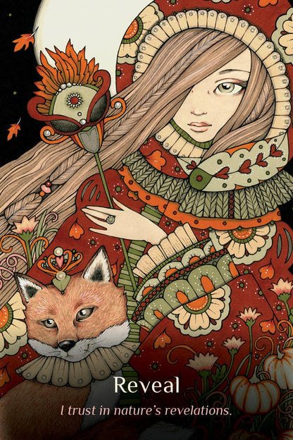 Illustrated cover art featuring a woman in a detailed floral dress holding a flower, with a fox at her side and the text 'Reveal' and 'I trust in nature's revelations.' at the bottom. Milk Thistle Moon Message Cards by Anita Inverarity featuring 70 beautifully illustrated moon-inspired guidance cards with a companion booklet.