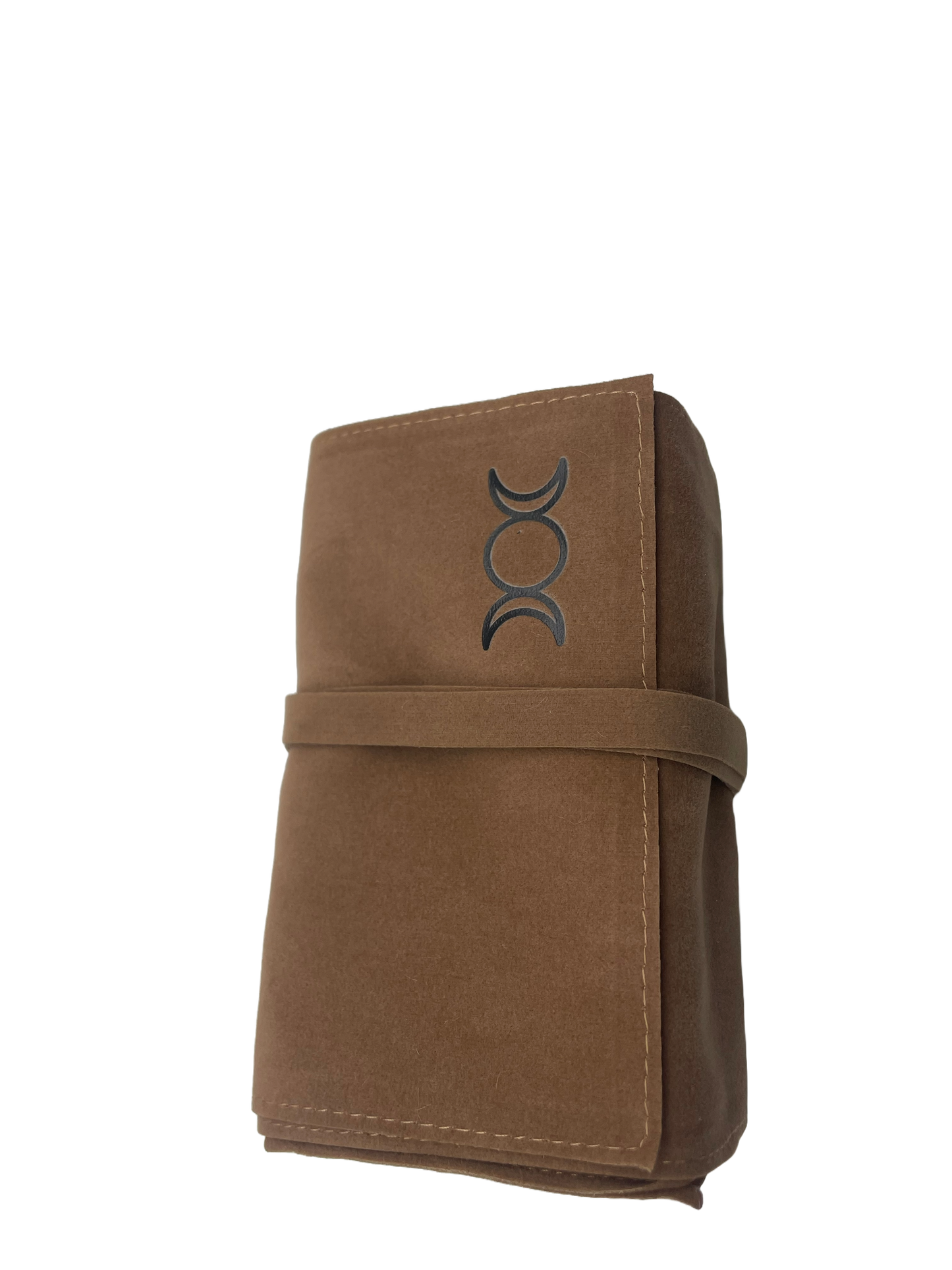 Brown pouch with a logo on a white background