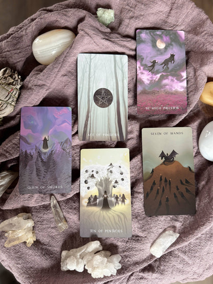 Shadows We Cast Tarot deck by Nicky Ferrada indie tarot with emotional artwork and shadow work theme