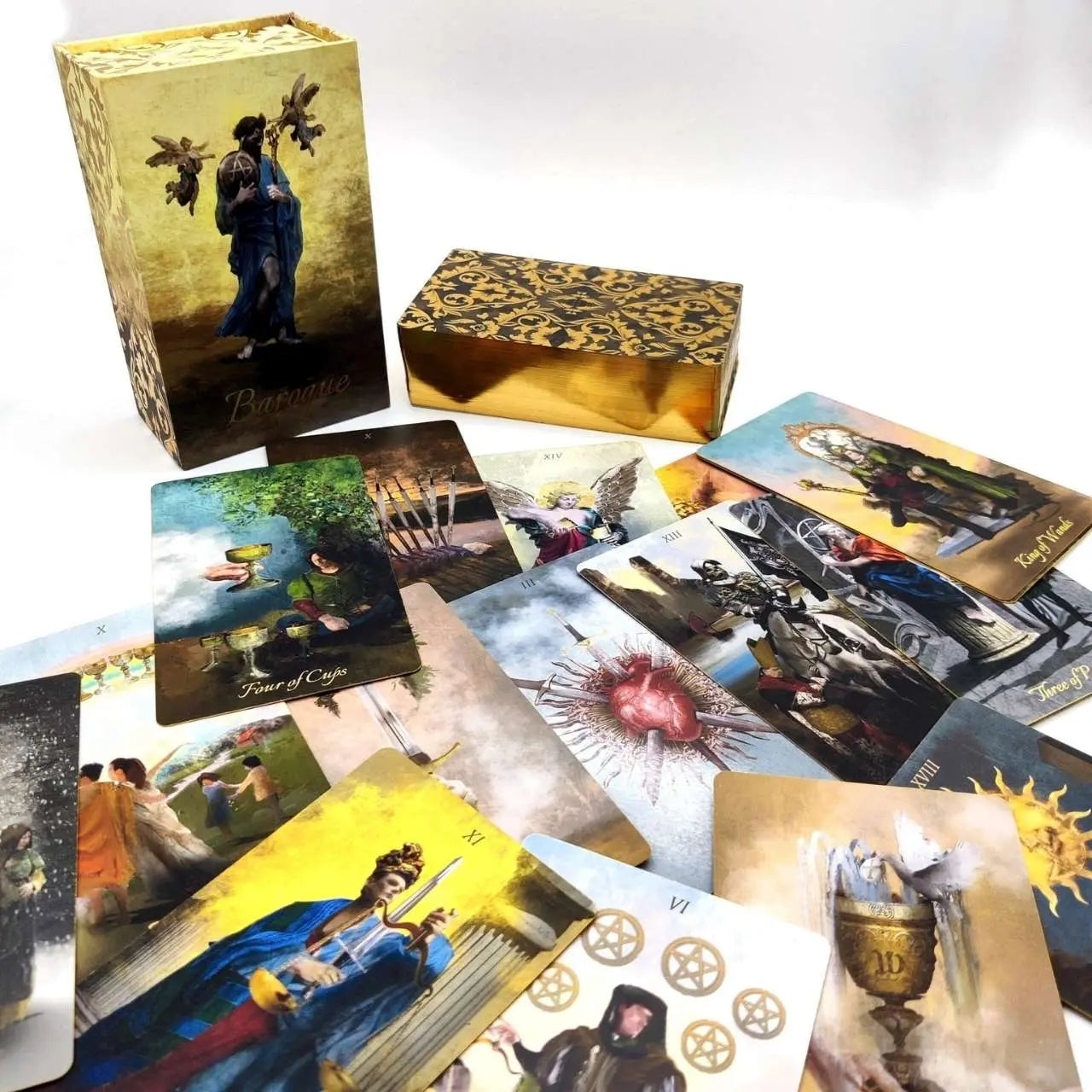 Collection of tarot cards with a gold box on a white background Baroque tarot La Muci 