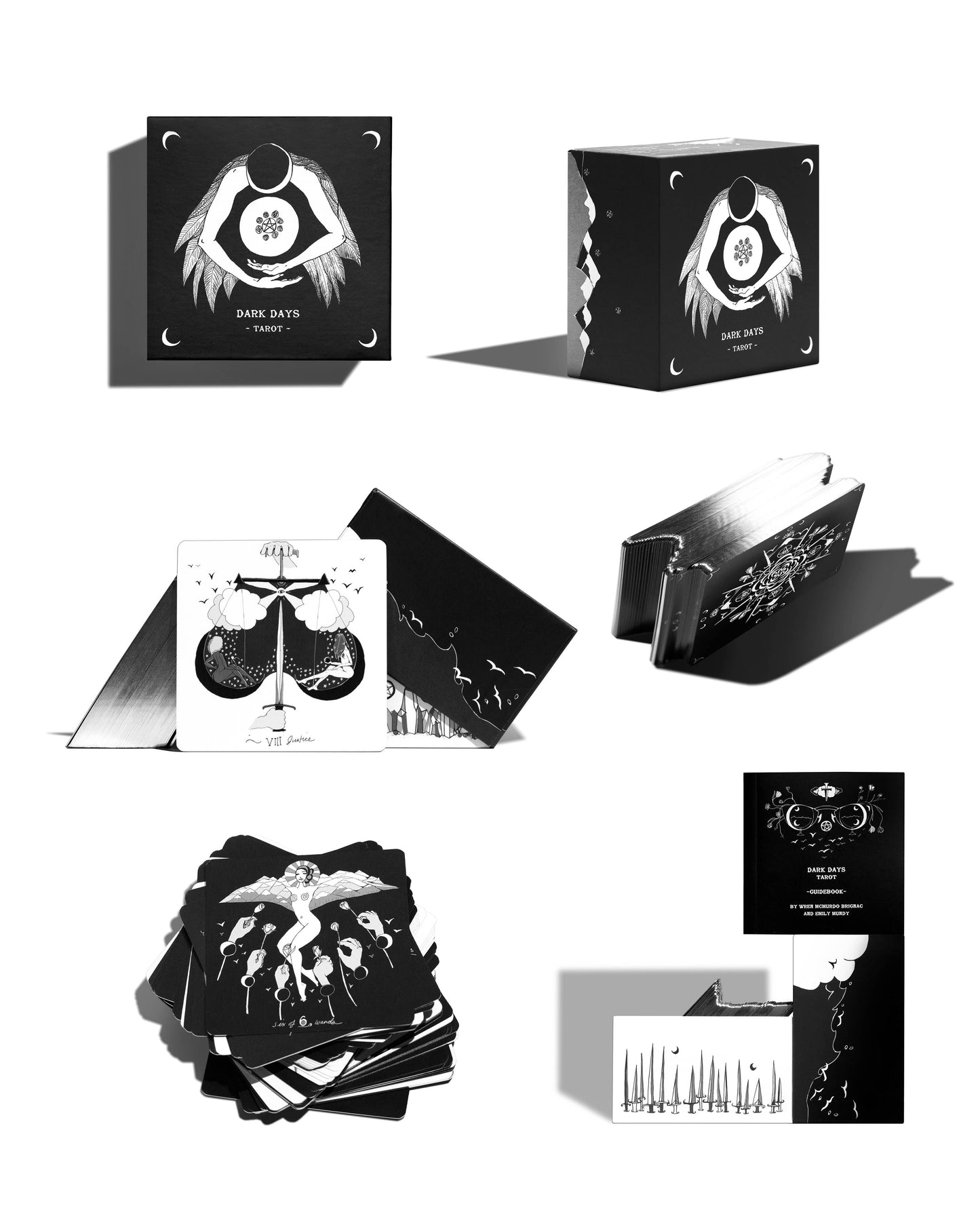 Black and white product packaging set on a white background Dark Days Tarot by Wren McMurdo Brignac featuring square black-and-white tarot cards inspired by the lunar cycle with a 180-page guidebook and collector's box.