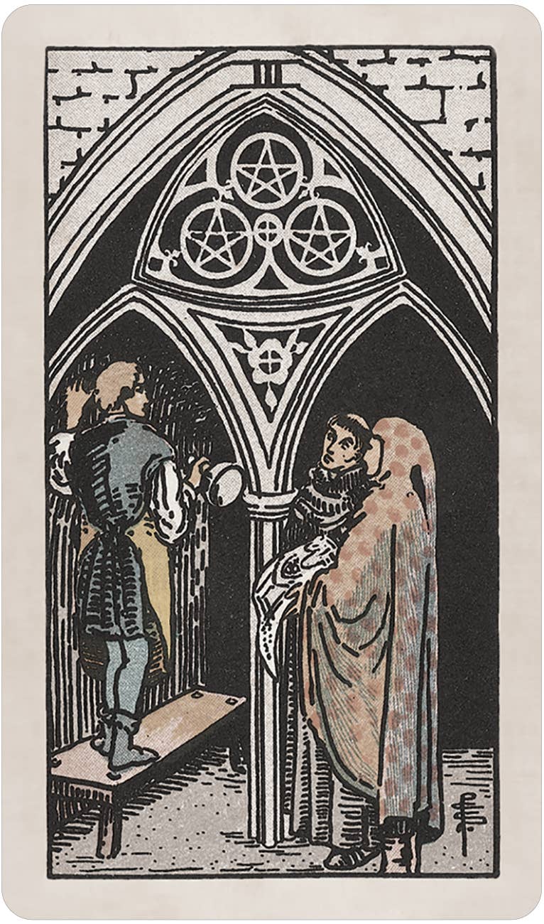 Vintage-style illustration of two people in a gothic setting with a pentagram symbol above. Pamela Colman Smith's RWS Tarot Deck Soft Color Edition by U.S. Games Systems featuring muted vintage colours, ivory borders, and the original Rider-Waite-Smith artwork.