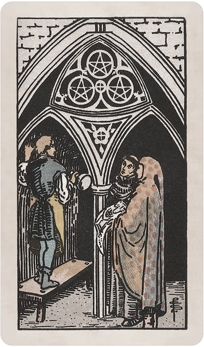 Vintage-style illustration of two people in a gothic setting with a pentagram symbol above. Pamela Colman Smith's RWS Tarot Deck Soft Color Edition by U.S. Games Systems featuring muted vintage colours, ivory borders, and the original Rider-Waite-Smith artwork.