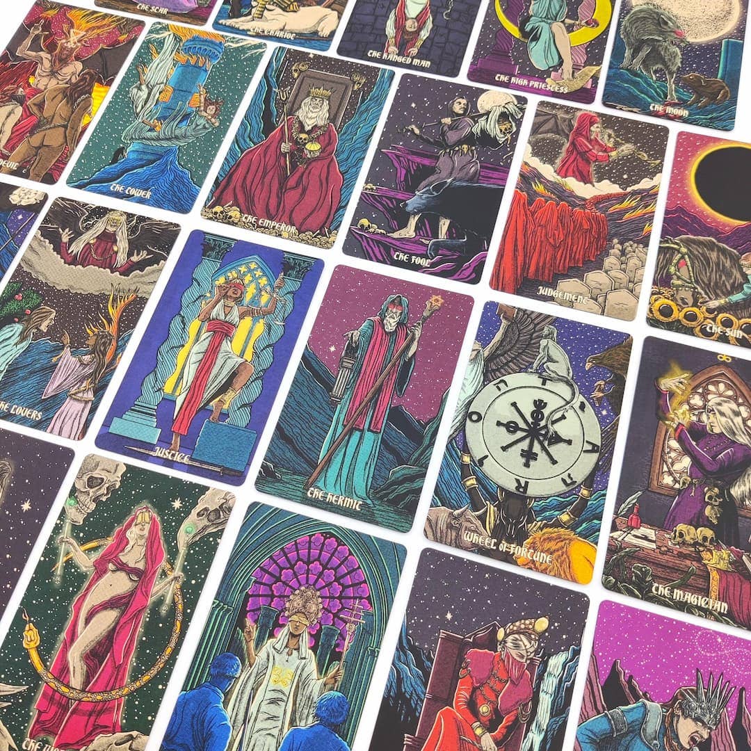 Collection of tarot cards with various illustrations and designs. Dark reflections tarot by La Muci Available at Oneness Emporium