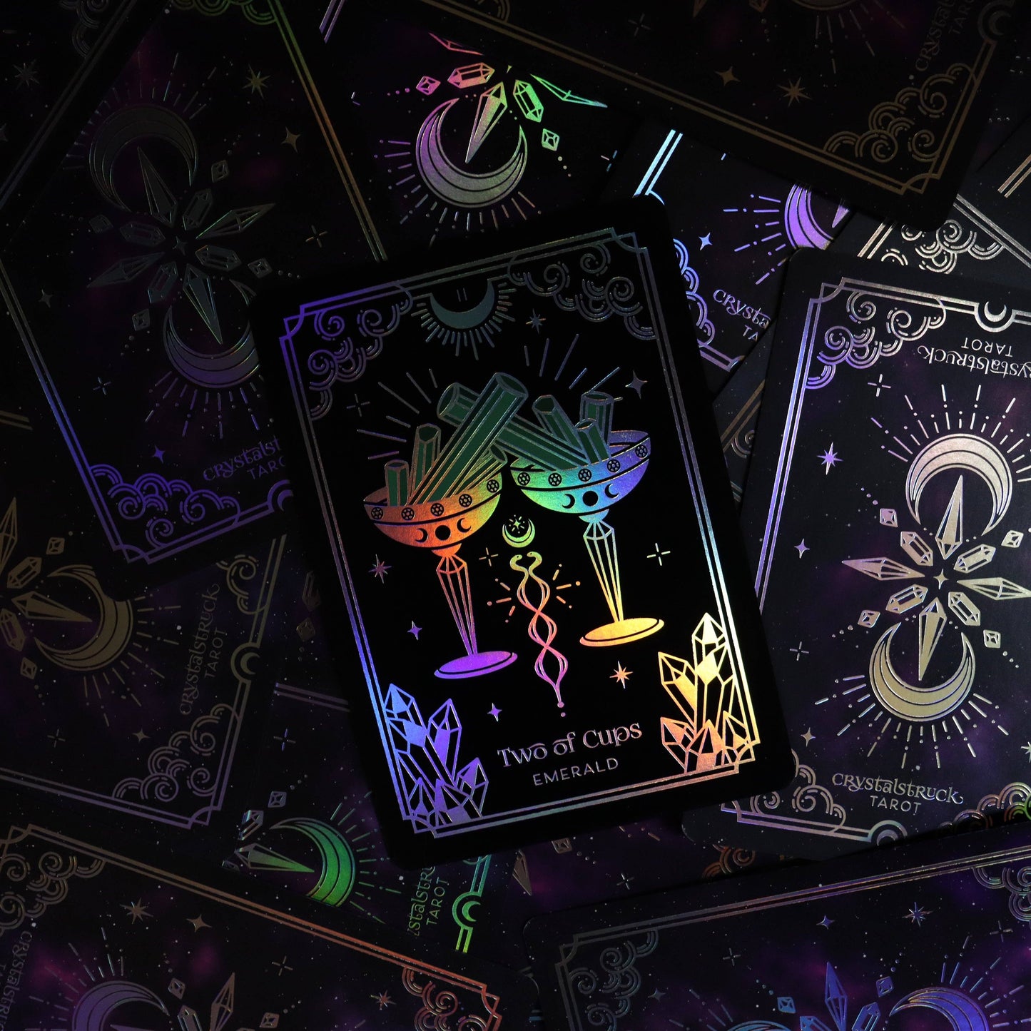 Crystalstruck Tarot Silver Edition deck with holographic silver foil and starry edges.