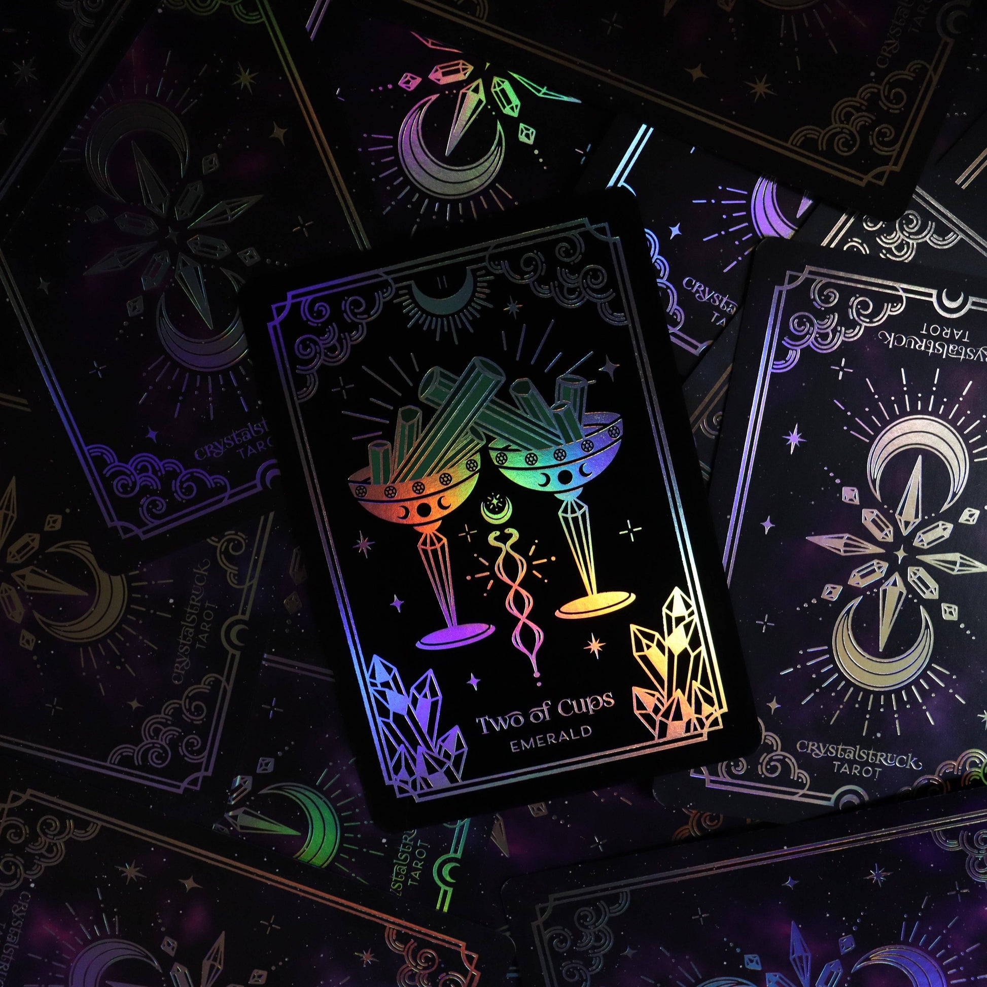 Crystalstruck Tarot Silver Edition deck with holographic silver foil and starry edges.