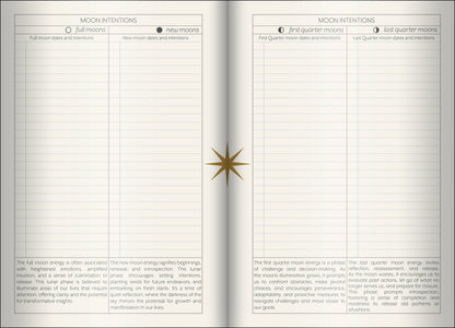 Open book showing pages with moon phases and intentions.