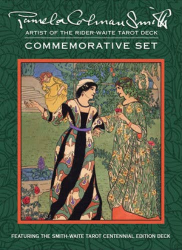 Cover of a tarot card set featuring two women in vintage attire with a decorative border.
