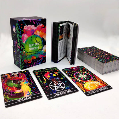 Colorful tarot cards with deck box and cards displayed on a white background