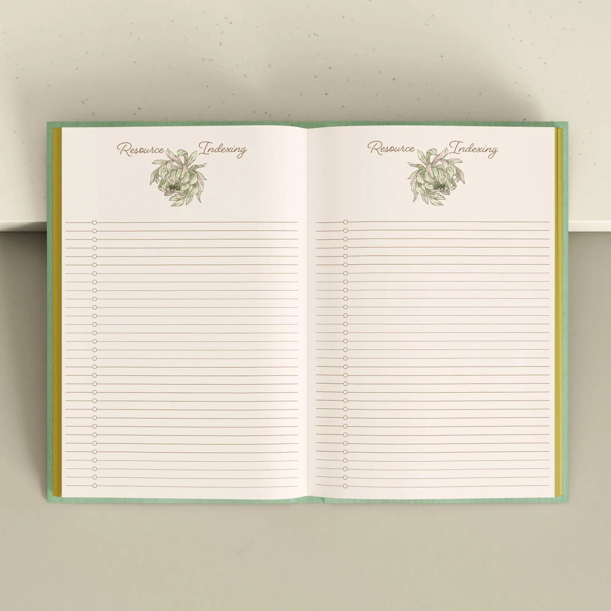 Open notebook with lined pages and decorative elements on a light Tarot Journal Bouchette and Co Oneness Emporium background
