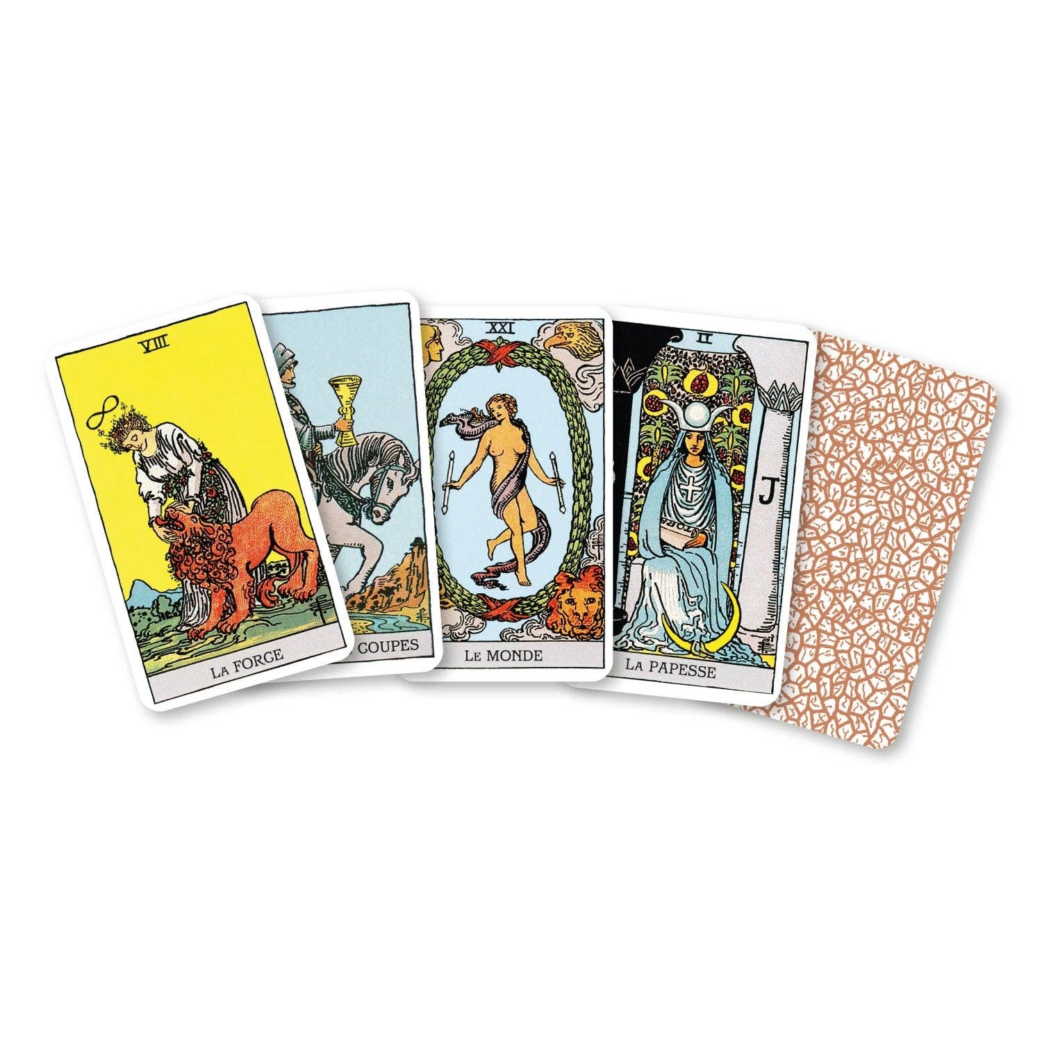 Set of tarot cards with illustrations and text on a white background