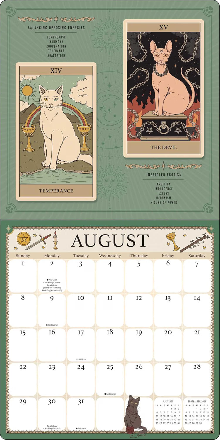 A decorative August calendar page featuring tarot card artwork at the top and a large numbered month grid below on a cream and sage green background.