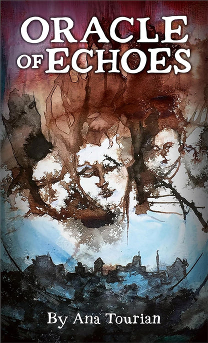 Book cover for 'Oracle of Echoes' by Ana Tourian, featuring a dark, textured watercolor-style illustration with two faces, silhouetted buildings, and large white title text at the top.