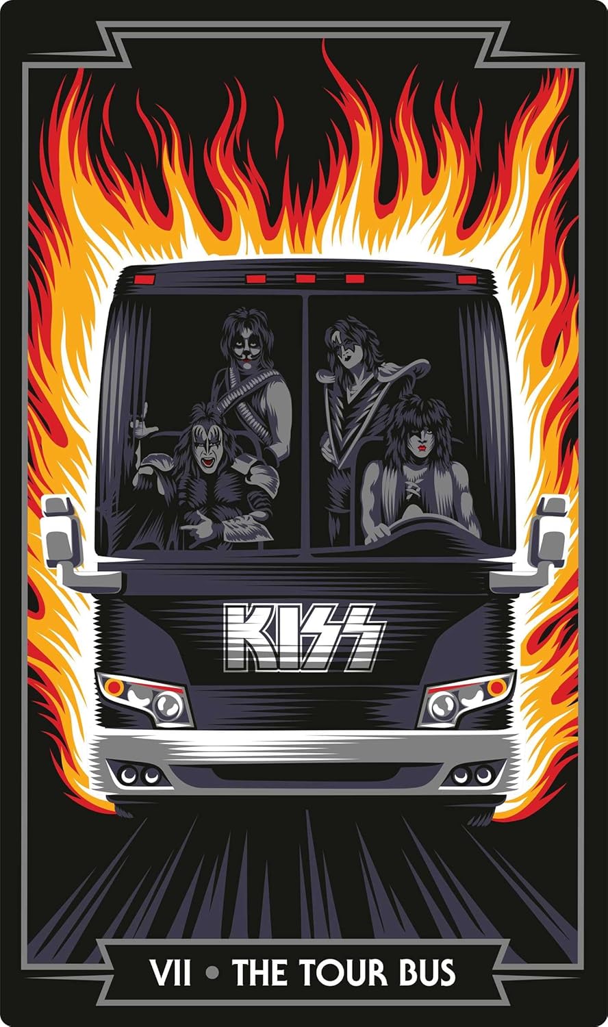 Tarot card illustration titled 'VII • THE TOUR BUS' featuring the band KISS in black and white costumes inside a black tour bus, surrounded by bright orange and yellow flames on a black background.