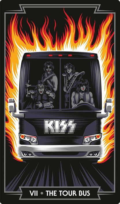 Tarot card illustration titled 'VII • THE TOUR BUS' featuring the band KISS in black and white costumes inside a black tour bus, surrounded by bright orange and yellow flames on a black background.