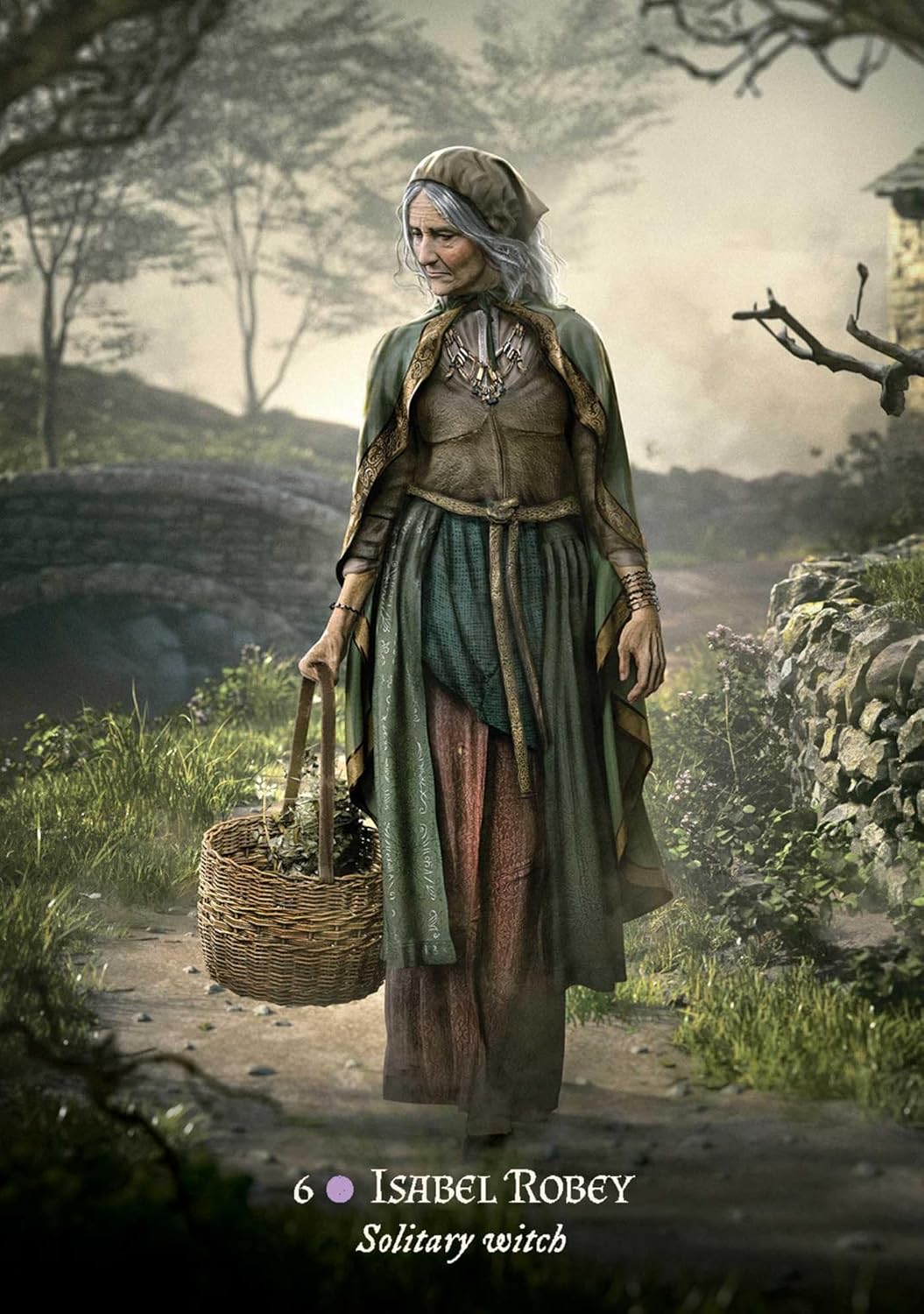 Woman in historical or fantasy attire holding a basket in a natural setting