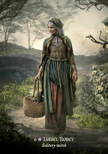 Woman in historical or fantasy attire holding a basket in a natural setting