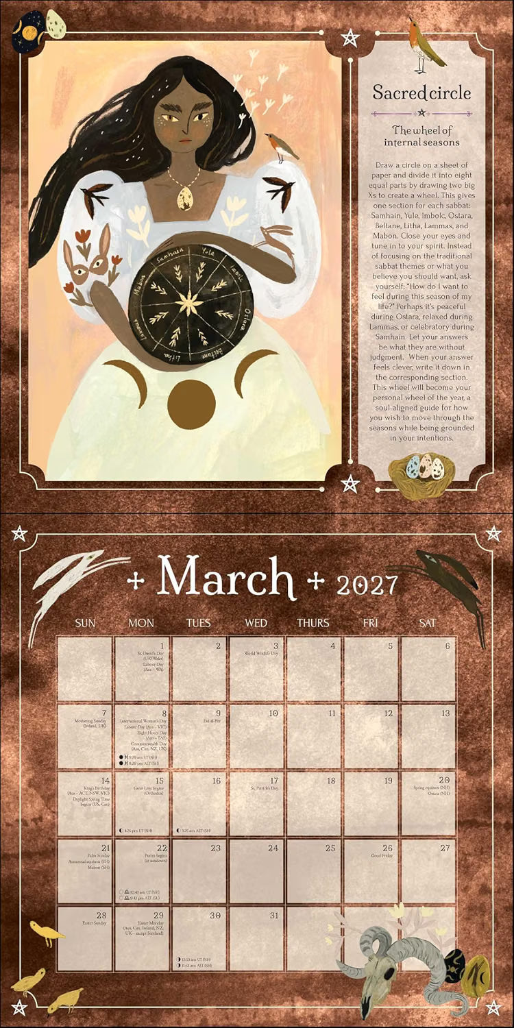 A decorative calendar page for March 2027 with an illustrated woman holding a compass on the upper section and a blank monthly grid below on a parchment-style brown background.
2027 Seasons of the Witch Wall Calendar by Lorraine Anderson with magical artwork by Tijana Lukovic and Giada Rose, featuring sabbats, moon phases and rituals