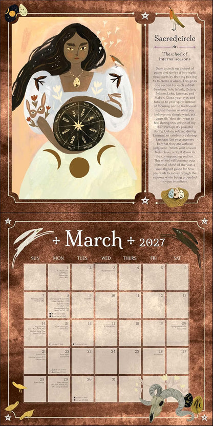 A decorative calendar page for March 2027 with an illustrated woman holding a compass on the upper section and a blank monthly grid below on a parchment-style brown background.
2027 Seasons of the Witch Wall Calendar by Lorraine Anderson with magical artwork by Tijana Lukovic and Giada Rose, featuring sabbats, moon phases and rituals