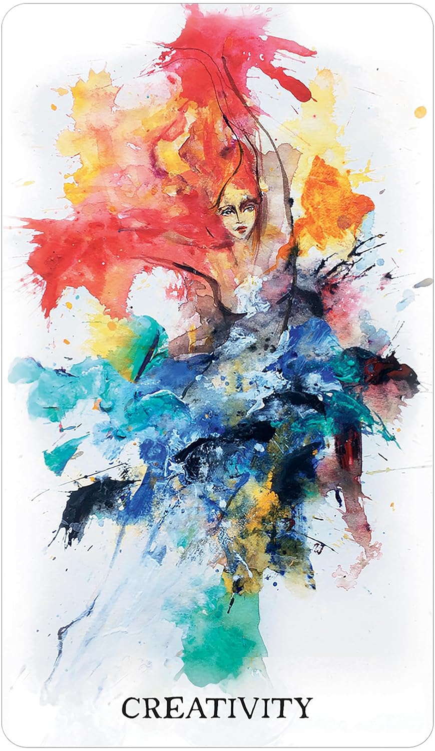 A vertical art print or card featuring an abstract watercolor painting of a dancer with vibrant red, orange, yellow, blue, green, and black brushstrokes on a white background, with the word 'CREATIVITY' printed in black at the bottom.
