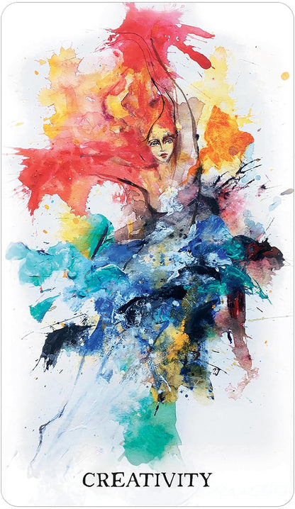 A vertical art print or card featuring an abstract watercolor painting of a dancer with vibrant red, orange, yellow, blue, green, and black brushstrokes on a white background, with the word 'CREATIVITY' printed in black at the bottom.