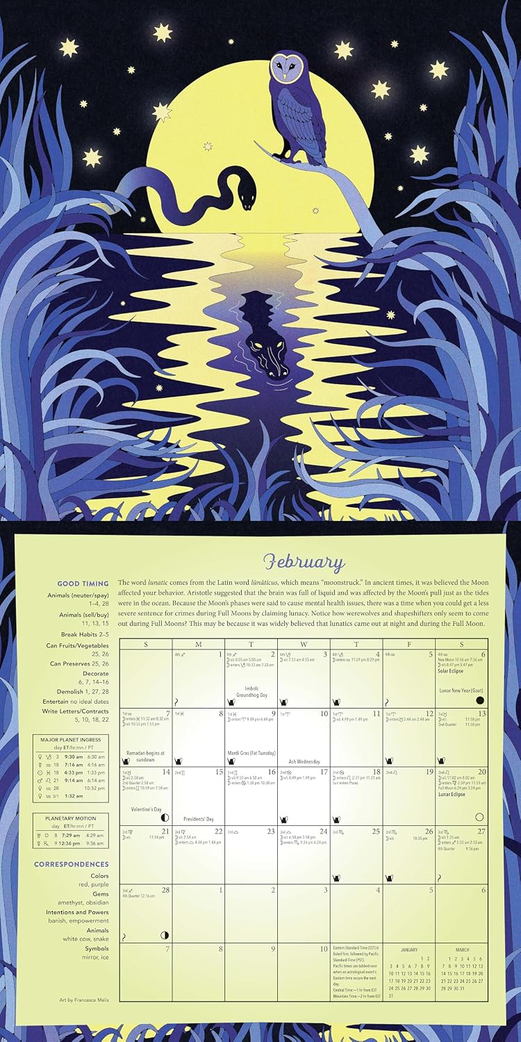 Calendar with owl design on a blue and yellow background Llewellyn's 2027 Magical Moon Calendar featuring lunar phases, spells, Moon lore and magical artwork