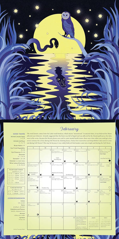Calendar with owl design on a blue and yellow background Llewellyn's 2027 Magical Moon Calendar featuring lunar phases, spells, Moon lore and magical artwork