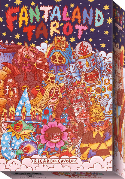 Fantaland Tarot card deck box by Ricardo Cavalo, featuring a highly detailed, colorful, psychedelic illustration on the front cover with whimsical fantasy characters, animals, and symbols under a starry night sky.