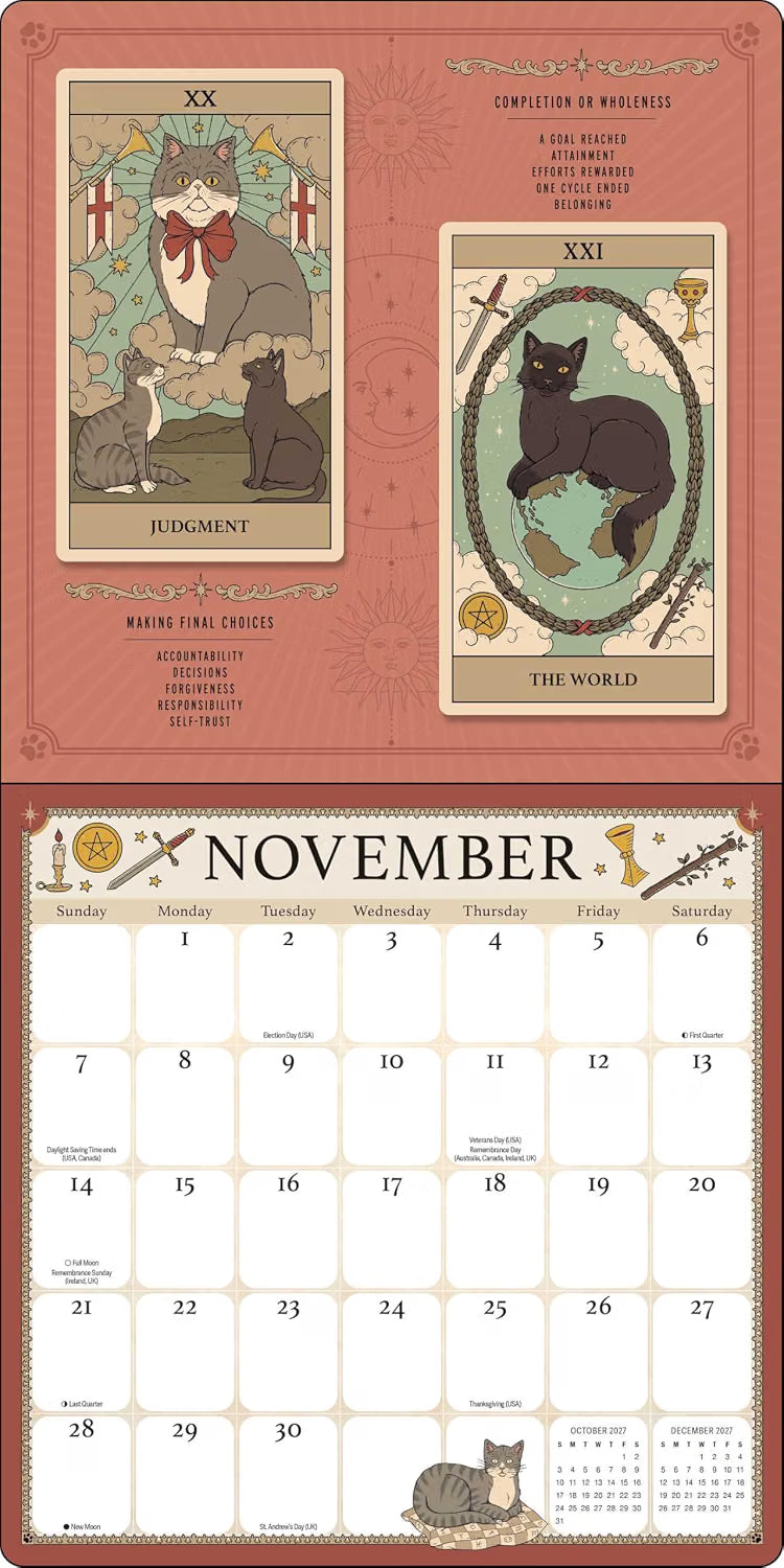 A November tarot-themed calendar page featuring illustrated tarot cards at the top and a numbered monthly calendar grid below on a warm pink background.