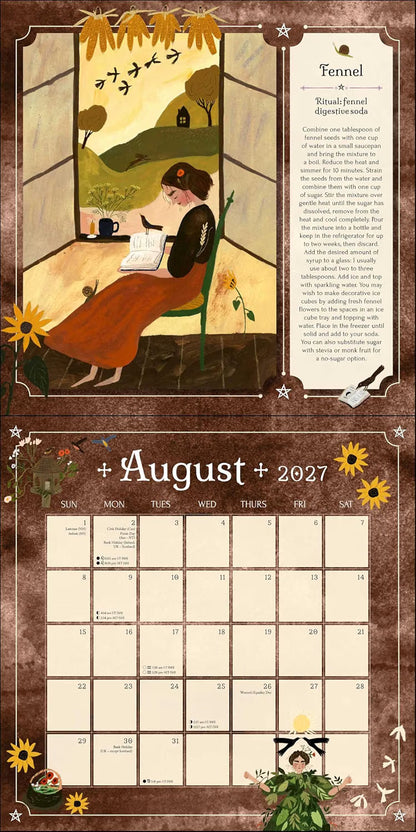 A vintage-style illustrated calendar page for August 2027, with a brown parchment-like border, a painted woman sitting by a window, a column of text titled 'Tennel,' and a monthly grid at the bottom.
2027 Seasons of the Witch Wall Calendar by Lorraine Anderson with magical artwork by Tijana Lukovic and Giada Rose, featuring sabbats, moon phases and rituals