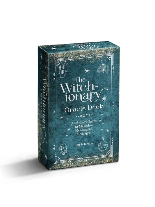The Witchionary Oracle Deck box by Debi Robison, featuring a dark teal and gold glittery design with white text and mystical illustrations, shown on a white background with a soft shadow.