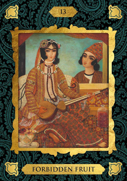 Qajar Oracle deck featuring Persian miniature artwork inspired by the Qajar dynasty