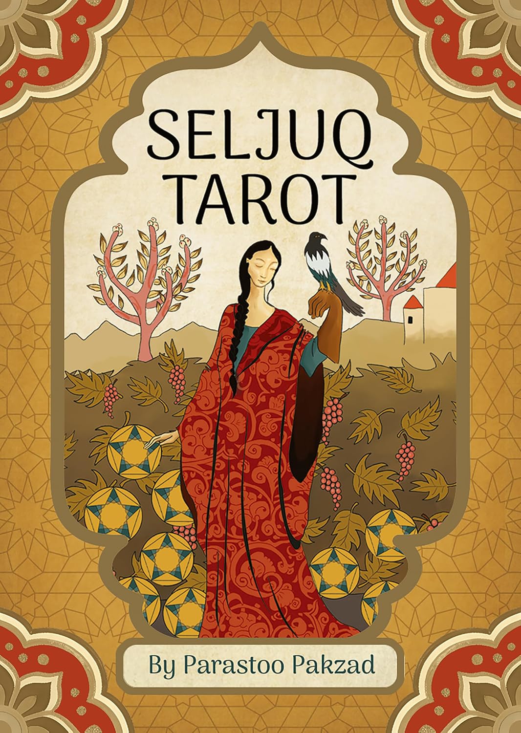 Front cover of the Seljuq Tarot card deck by Parastoo Pakzad, featuring an illustrated woman in a red patterned robe holding a bird, surrounded by tarot card suits and trees, with the title 'SELJUQ TAROT' at the top.
