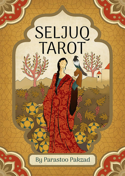Front cover of the Seljuq Tarot card deck by Parastoo Pakzad, featuring an illustrated woman in a red patterned robe holding a bird, surrounded by tarot card suits and trees, with the title 'SELJUQ TAROT' at the top.